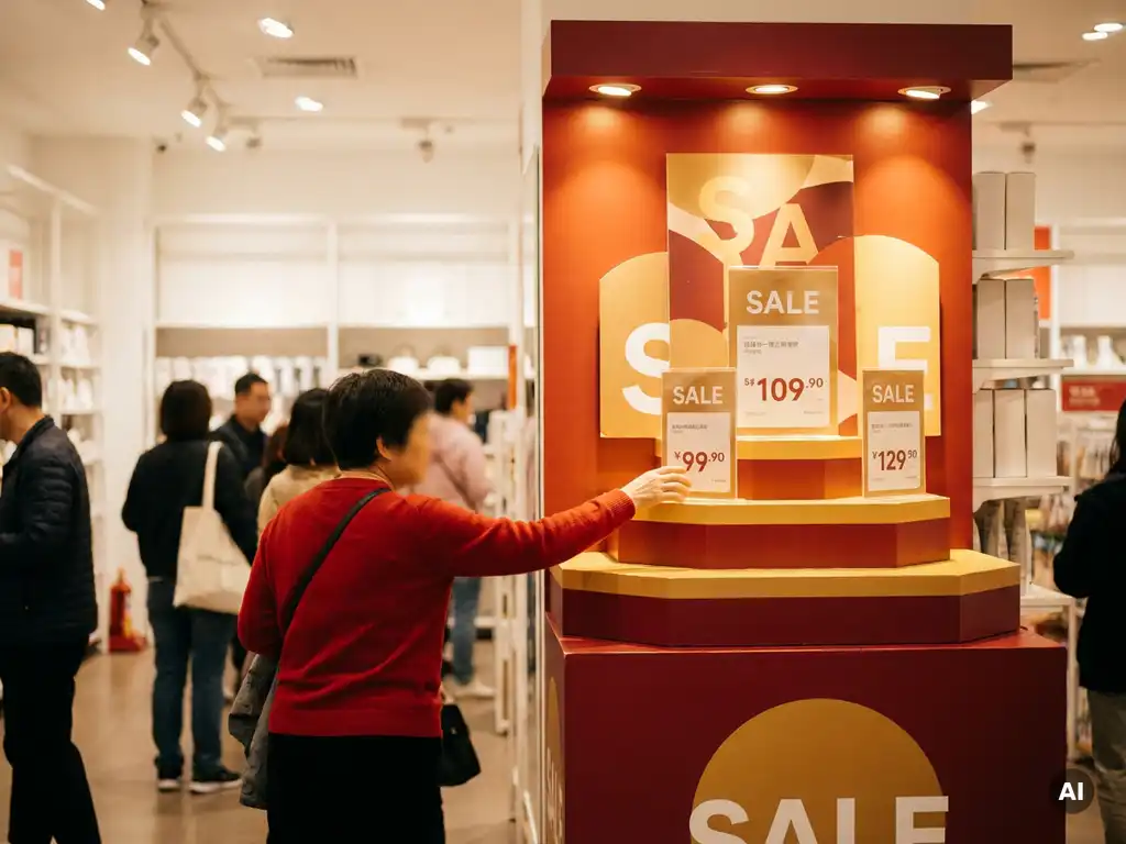 Expositor promocional con carteles de oferta en rojo y amarillo en cabecera de pasillo, cliente tomando un producto bajo iluminación cálida.