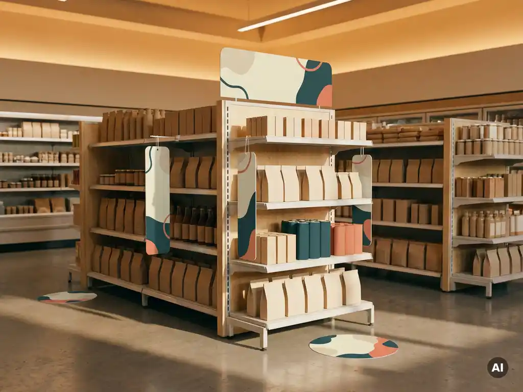 Exhibidor de materiales promocionales impresos con shelf talkers, danglers y gráficos de piso en pasillo de tienda de conveniencia moderna.