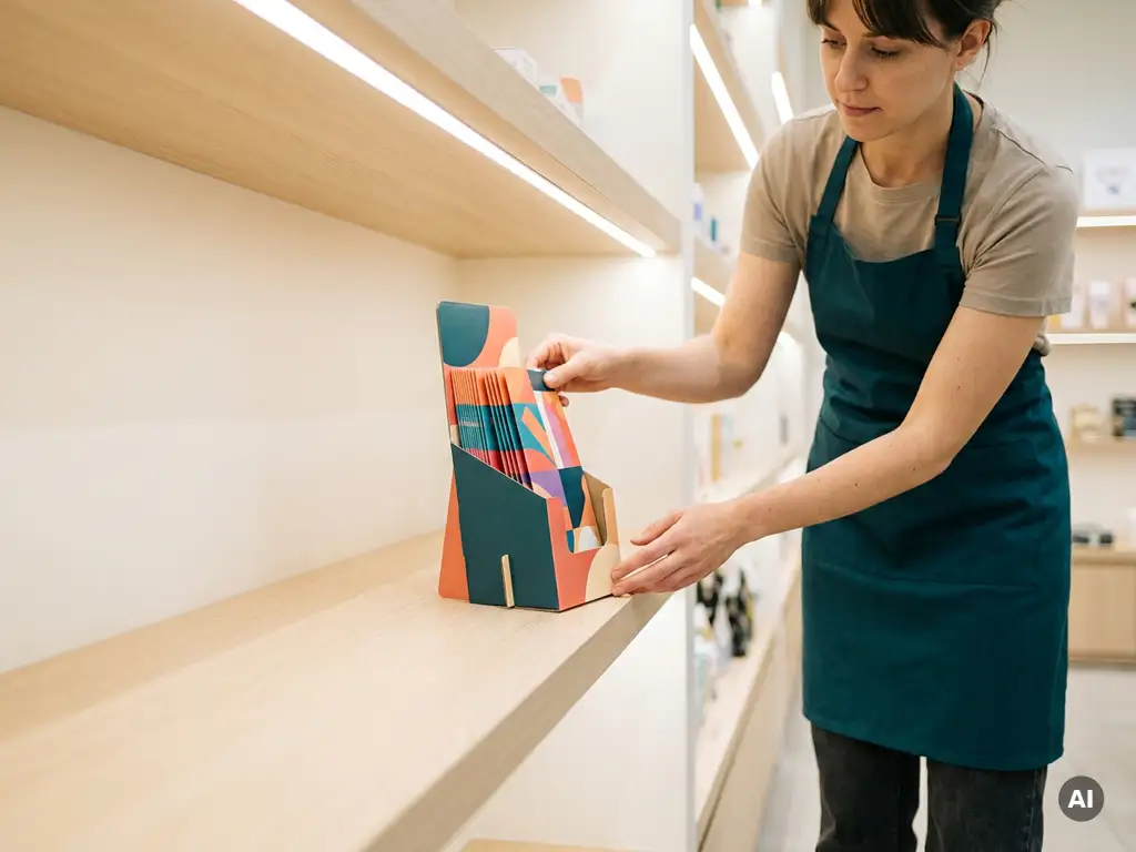 Empleado de tienda colocando un exhibidor promocional en estante moderno, materiales impresos en tonos teal y coral bajo iluminación cálida.