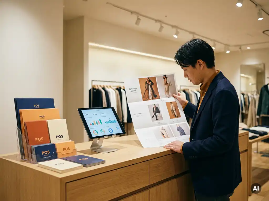 Gerente de tienda revisando materiales promocionales impresos junto a una tableta con métricas de ventas en un mostrador moderno.