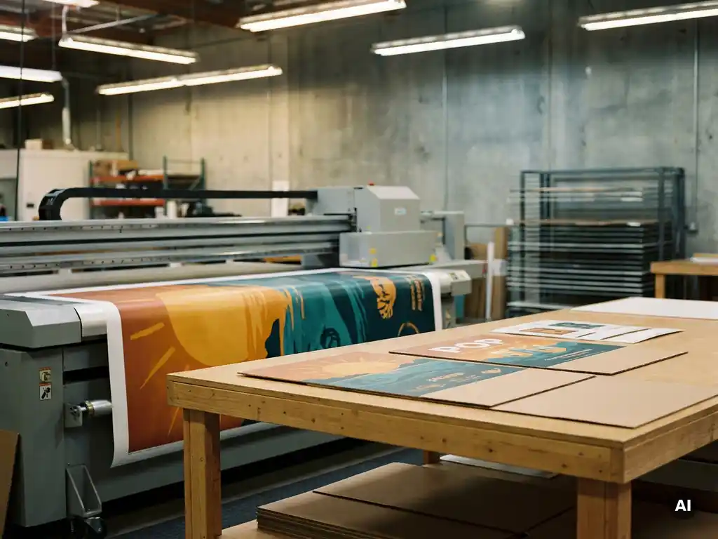 Impresora UV de gran formato produciendo gráfico publicitario POP en vinilo con tonos ámbar y verde azulado sobre mesa industrial.