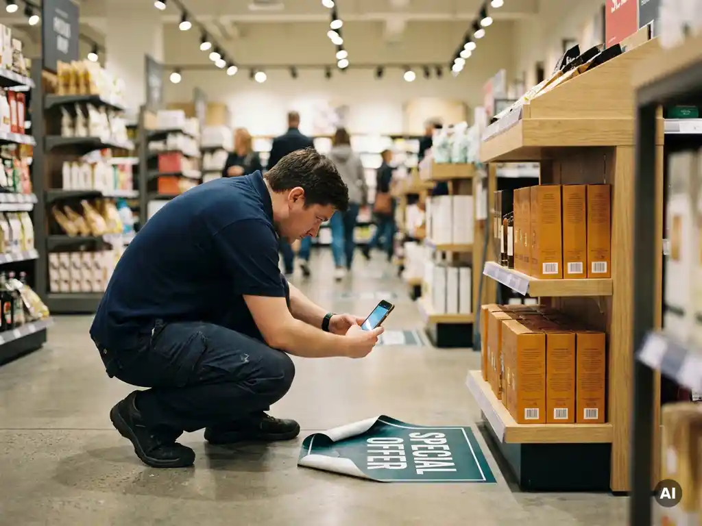 Trabajador de tienda fotografiando con smartphone un gráfico de vinilo POP mal alineado en el suelo junto a una estantería.