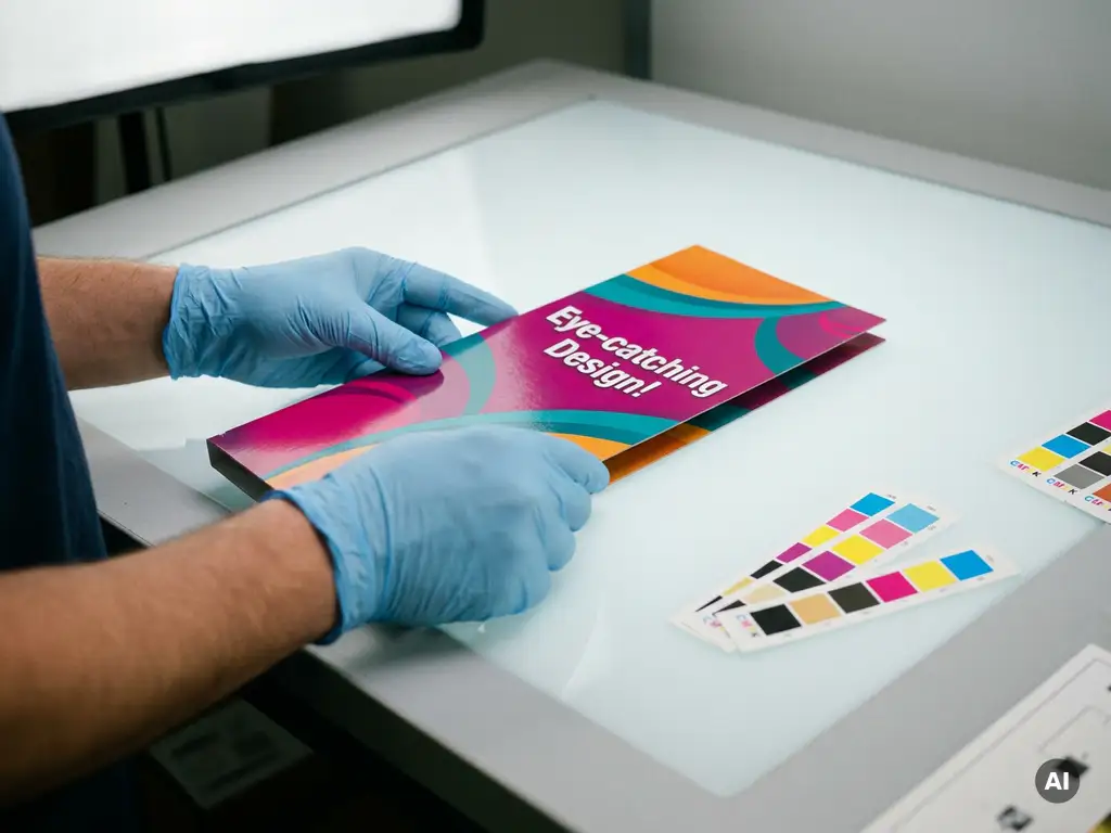 Manos enguantadas de técnico inspeccionando un stopper de estante recién impreso con tonos magenta y verde azulado.