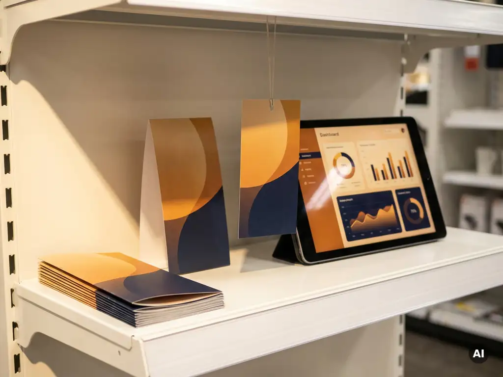 Kit POP con flyers, tarjeta stopper y dangler en estante blanco junto a tablet con dashboard de campaña de marca.
