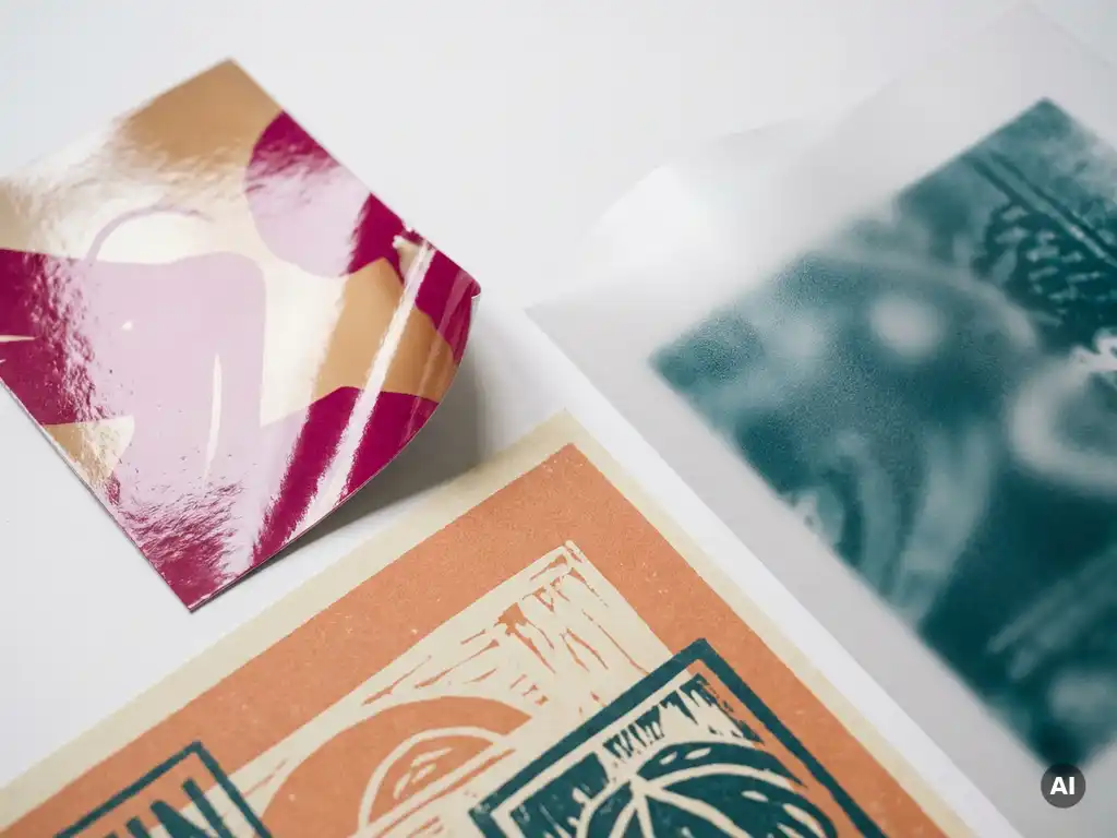 Materiales de impresión POP: stopper card brillante, vinilo translúcido y flyer mate en flat lay sobre fondo blanco.