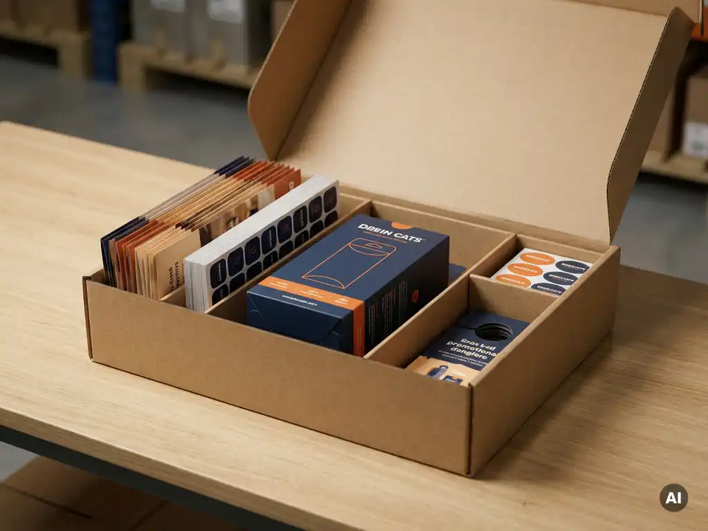 Caja de kitting abierta en almacén con folletos plegados, stickers y colgantes organizados en compartimentos, paquete de producto central en azul marino y naranja.