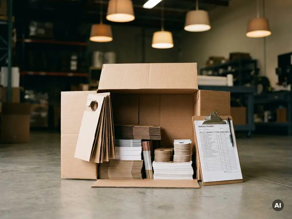 Caja de envío abierta con materiales POP impresos —stoppers, flyers y danglers— junto a un portapapeles con lista de entrega en almacén.