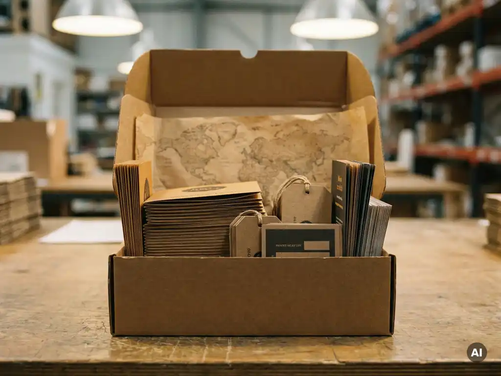 Caja de cartón con materiales POP minoristas plegados — volantes, colgantes e insertos impresos — sobre mesa de despacho en almacén.