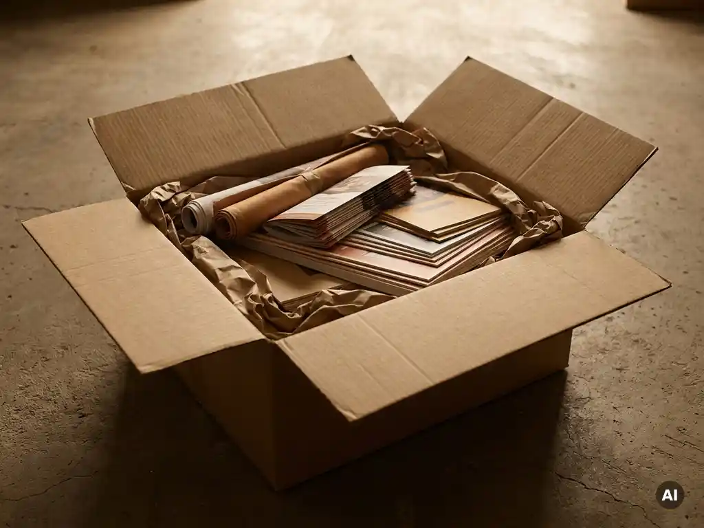 Materiales de punto de venta empaquetados —banners, folletos y tarjetas impresas— en caja de cartón corrugado con relleno kraft sobre suelo de concreto.