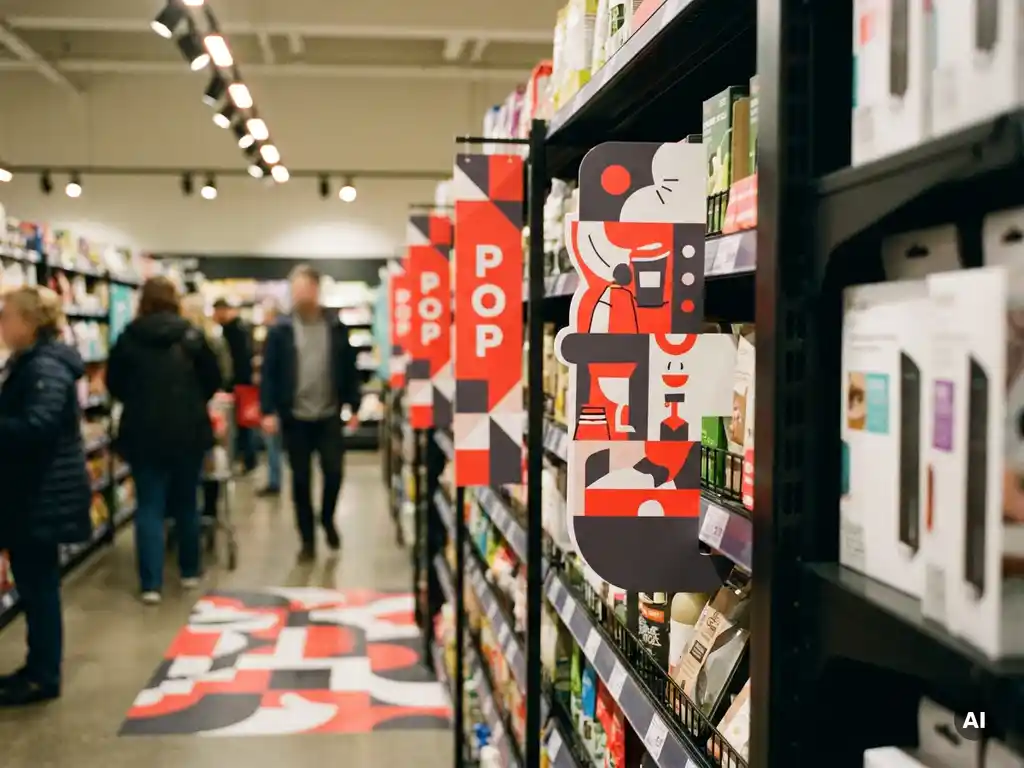 Pasillo de tienda con materiales POP impresos: colgantes coloridos, stopper y gráfico de suelo bajo iluminación comercial cálida.