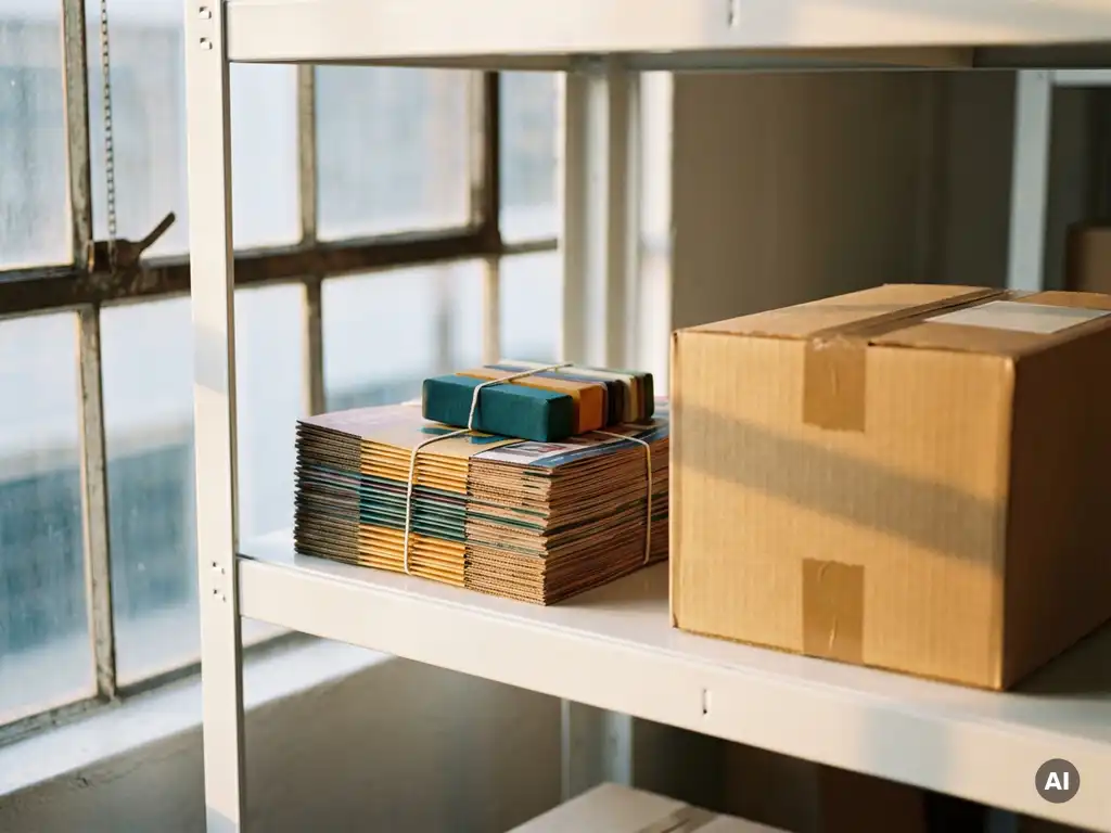 Folletos y stoppers de punto de venta apilados en estante blanco junto a caja de envío sellada, luz natural cálida lateral.