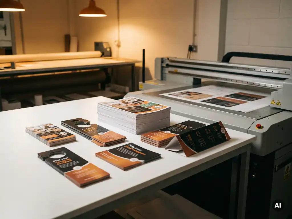 Materiales POP impresos —flyers, colgantes y stoppers— apilados junto a una impresora de gran formato bajo luz ámbar de taller.