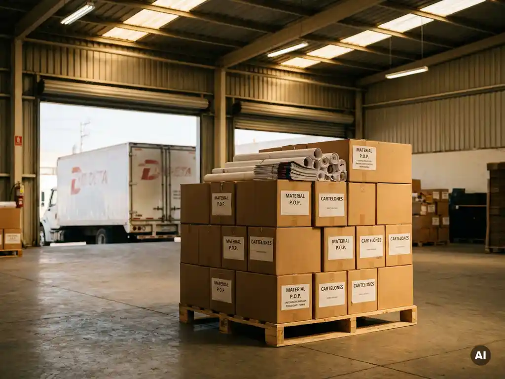 Cajas de materiales POP apiladas en pallet de madera en bodega de distribución mexicana, con camión de reparto visible al fondo.