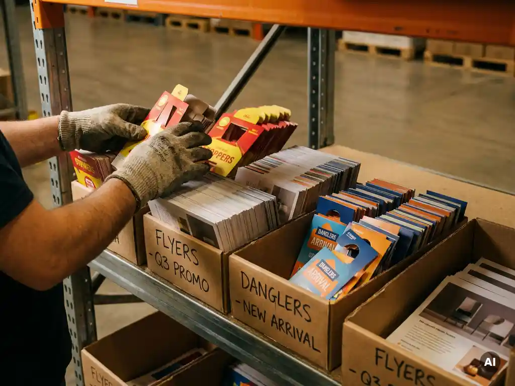 Manos de trabajador clasificando materiales POP impresos —flyers, danglers y stoppers— en cajas de cartón etiquetadas sobre estante industrial.