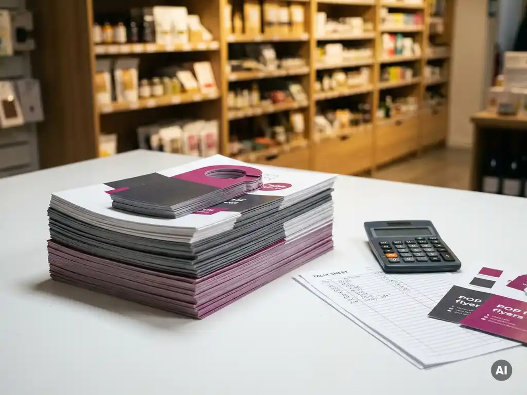 Flyers y colgantes POP impresos apilados sobre superficie blanca junto a calculadora y hoja de conteo, con estantería de tienda desenfocada al fondo.