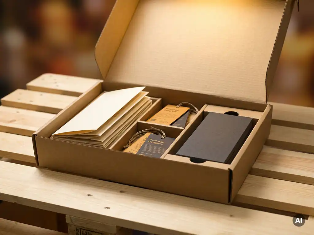 Caja de kitting abierta con materiales de punto de venta organizados: flyers, danglers y tarjetas stopper en tonos ámbar y carbón.