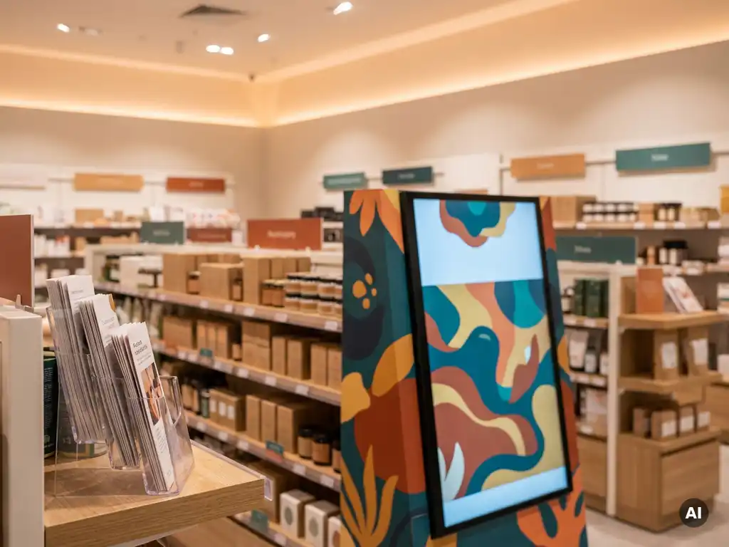 Pasillo de tienda minorista con display promocional impreso junto a pantalla digital mostrando la misma campaña, señalización colorida y portafoletos apilados.