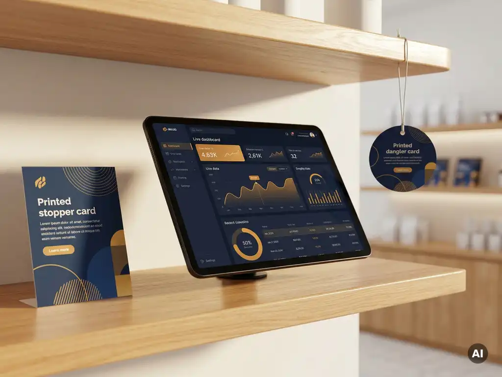 Tablet en estante de madera mostrando dashboard de campaña, junto a materiales POS impresos en entorno retail minimalista con iluminación cálida.