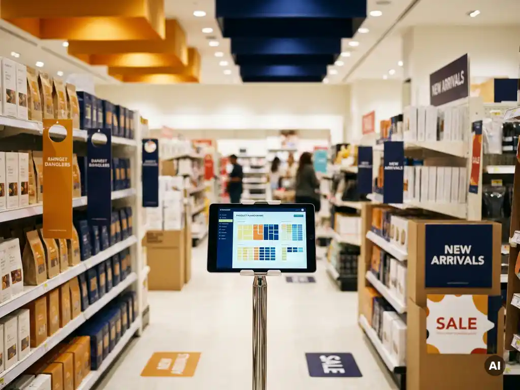 Tablet en soporte metálico mostrando planogramas en pasillo de tienda minorista con señalización POS, gráficos de piso y exhibidores ordenados.