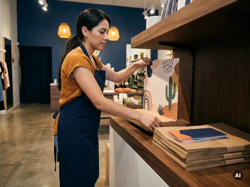Empleado de tienda colocando material promocional impreso en exhibidor de punto de venta, ambiente minorista moderno en México.
